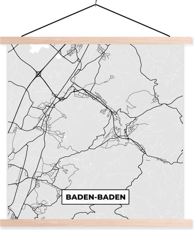 Posterhanger incl. Poster 40x40 cm - Schoolplaat - Duitsland - Baden-Baden - Kaart - Stadskaart - Plattegrond - Textielposter - Blanke latten - Stadskaart