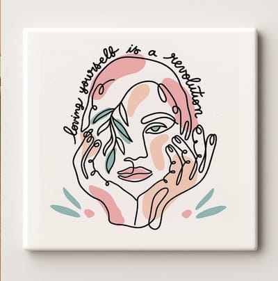 Loving Yourself Is a Revolution Keramische Tegel 15x15cm – Moderne Abstracte Vrouwelijke Kunst – Inspirerende Zelfliefde Muurdecoratie voor Huis of Kantoor