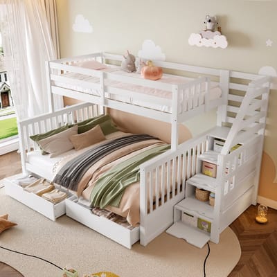 Sweiko Stapelbed - 90 x 200 + 140 x 200 cm - Kinderbed - 2 lades - Opbergruimte - Wit