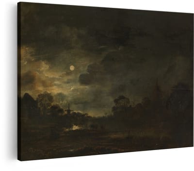 Artaza Canvas Schilderij Nachtelijk Landschap - 90x60 cm - Wanddecoratie Oude Meesters - Muurdecoratie Maanlicht Molen - Schilderijen Op Canvas