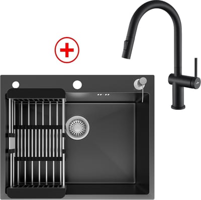 CECIPA max Spoelbak Keuken 60x49CM - Met keukenkraan met uittrekbare uitloop - Inbouwspoelbak - Gootsteen RVS - Spoelbak Met Kraangat - Spoelbak Met Zeepdispenser - Verstelbaar Mandje - Antraciet