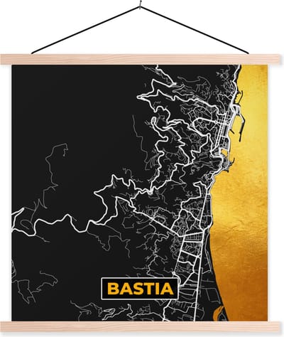Posterhanger incl. Poster 40x40 cm - Schoolplaat - Stadskaart - Frankrijk - Plattegrond - Kaart - Bastia - Textielposter - Blanke latten - Stadskaart