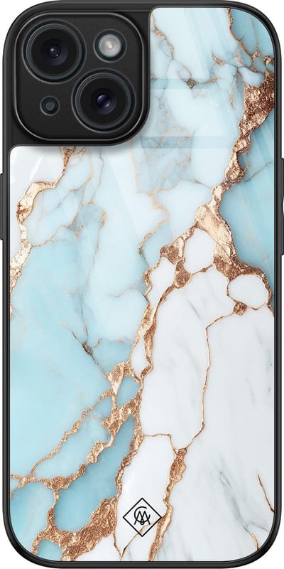Casimoda® hoesje - Geschikt voor iPhone 15 - Marmer Lichtblauw - Luxe Hard Case Zwart - Backcover telefoonhoesje - Blauw