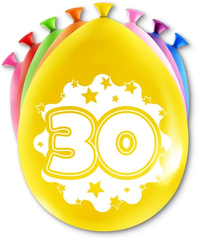 LUQ – Latex Ballonnen Happy Party 30 Jaar – 8 Stuks – Veelkleurig – Verjaardag Decor – Feest Versiering – Helium Ready