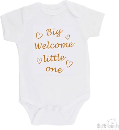 100@ katoenen Romper "Big welcome little one" Unisex Katoen Wit/tan Maat 62/68
