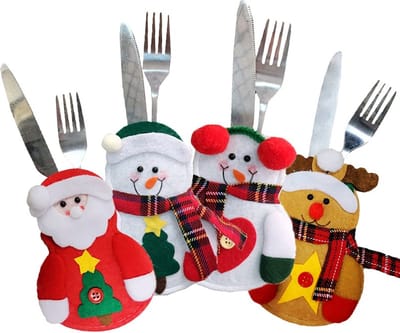 Gadgetpoint - Bestekhouder - Kerst - Kerstman - Kerstboom - Kerst - Kerstmis - Christmas - Xmas - Set van 4 - Kerstman/Sneeuwpop Hartje & Boom/Rendier