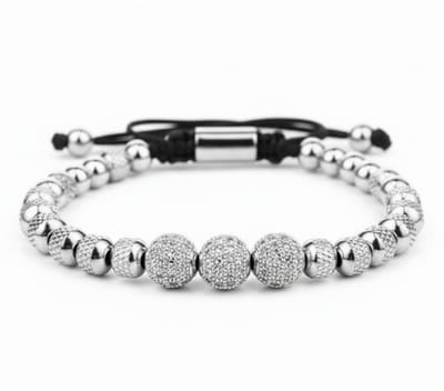 Heren armband – zilverkleurige kralenarmband met luxe zirkonia accenten