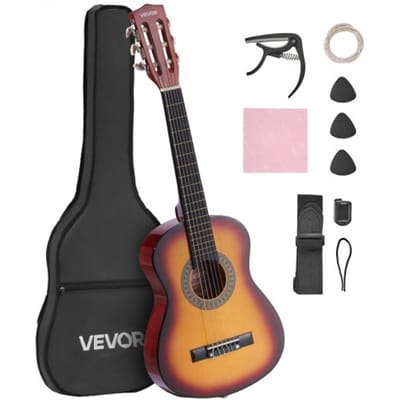 VEVOR Concertgitaar, 780 mm, Houten Klassieke Gitaar Starterset voor Beginners, met Nylon Snaren, Gigbag, Riem, Tuner, Extra Snaren, Plectrum, Capo, Lindehout, voor Beginners, Sunburst