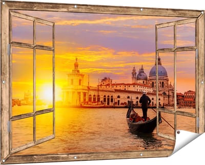 Gards Tuinposter Doorkijk Gondel in Venetië voor het Basiliek - 150x100 cm - Tuindoek - Tuindecoratie - Wanddecoratie buiten - Tuinschilderij