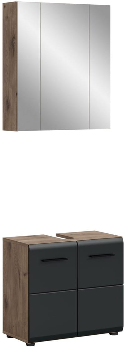 Minimalistische 2-delige badcombinatie - Zwart mat met eiken look - Compacte opbergoplossing - 60x185x30cm