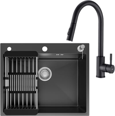 CECIPA max Spoelbak Antraciet 60x49CM - Met keukenkraan met uittrekbare uitloop - Spoelbak Keuken - Spoelbakken Keuken RVS - Spoelbak Met Kraangat - Spoelbak Met Zeepdispenser - Verstelbaar Mandje - Overloop en Sifon