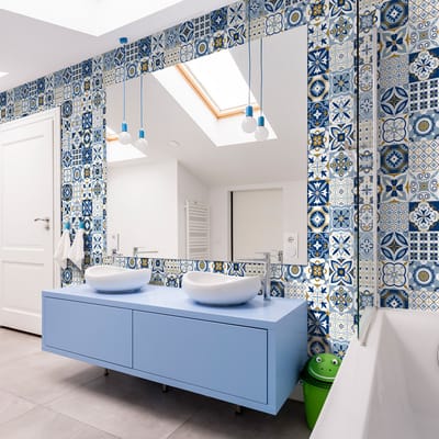 Zelfklevende tegelmuurstickers voor keuken en badkamer - 60 cementtegelstickers, Azulejos Nelia - 60 stickers, 20x20cm