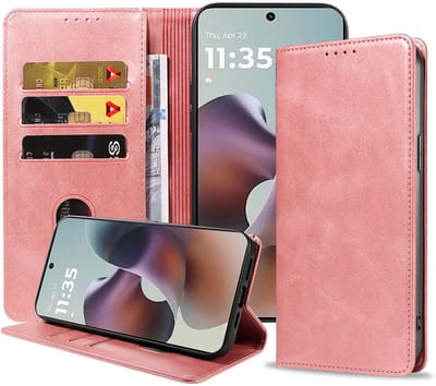 Geschikt voor Motorola Moto G56 Telefoonhoesje Kunstleer met Magnetische sluiting en Pasjeshouder Bookcase met Klepje - Walletcase with Cardslot - Rosé Goud - Smartphonica geschikt voor Motorola Moto G56
