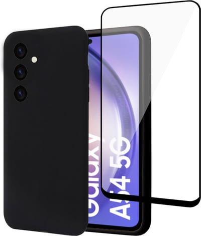 Geschikt voor Samsung A54 Hoesje + Screenprotector – Full Cover Gehard Glas – Suède Back Cover Case Zwart