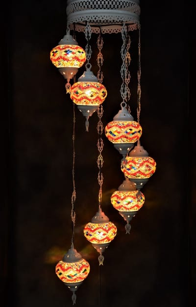Hanglamp multicolour groen glas mozaïek Oosterse lamp kroonluchter Crèmewit 7 bollen
