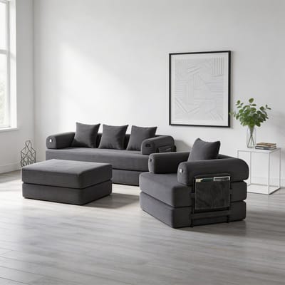 Komhtom - Modulaire 4-zits corduroy-compressiebank inclusief poef - met stevig metalen frame, zijvak en 4 comfortabele kussens - vulling van schuim met hoge dichtheid - vrij te combineren en veelzijdig inzetbaar