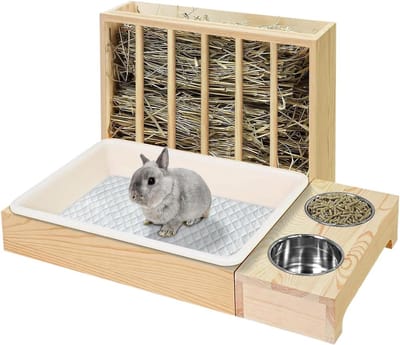Hooivoederbak Hout - Voerstation Kleine Dieren - Voer Georganiseerd Houden - Natuurlijk Hout Materiaal - 41x29x18 cm - Meerkleurig