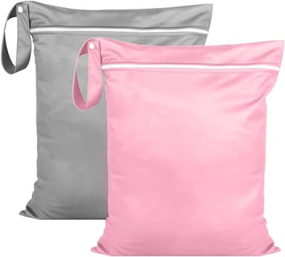 Natte zakken 38 x 48 cm, waterdichte waszak voor zwemkleding, badpakken en strandhanddoeken, herbruikbaar met ritssluiting (grijs + roze)