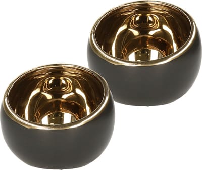 Countryfield Luxe theelichthouder - 2x - Veneta - keramiek - zwart/goud - D10 x H9 cm