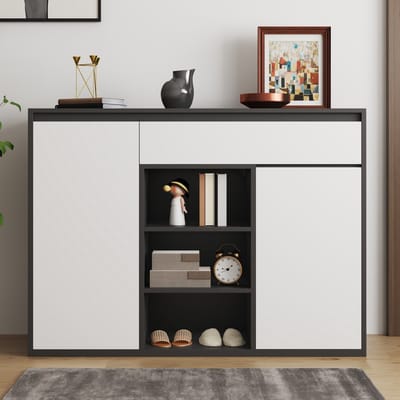 VVBV Schoenenkast - Deuren, Lade, Verstelbare Planken, Voor Hal/Entree - Zwart/Wit - Voor Hal en Entree