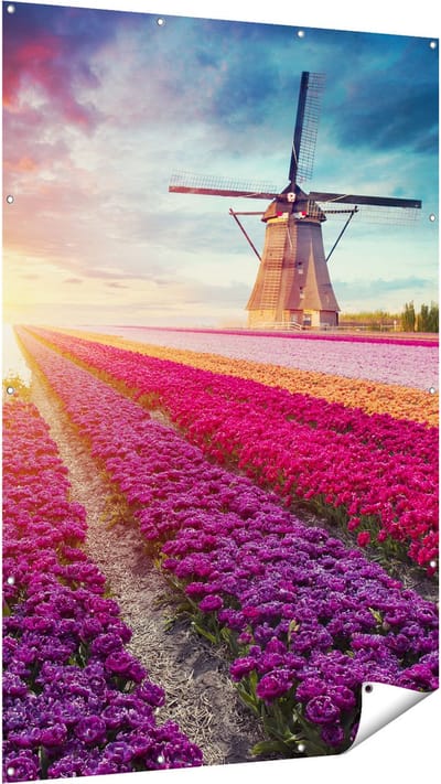 Gards Tuinposter Kleurrijke Tulpen Bloemenveld - Windmolen - 120x180 cm - Tuindoek - Tuindecoratie - Wanddecoratie buiten - Tuinschilderij