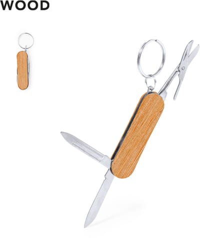 2 Multitool sleutelhangers 3 functies gemaakt van hout en RVS model Famke. Geschikt voor lasertechniek