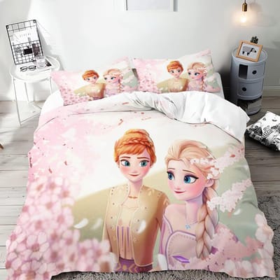 Frozen Prinses Elsa en Anna Anime Dekbedovertrek Set Comforte Beddengoed Sets met Print Cartoon Tweepersoons Kerstcadeaus 3-delig EU Single(135*200cm)3pcs