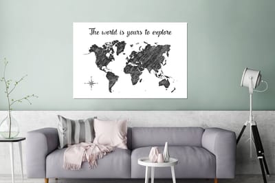 Aluminium schilderij 180x120 cm - Wanddecoratie metaal - Wereldkaart - Quote - Zwart - Wit - Metalen muurdecoratie woonkamer - Decoratie industrieel - Foto op dibond - Industriële accessoires slaapkamer