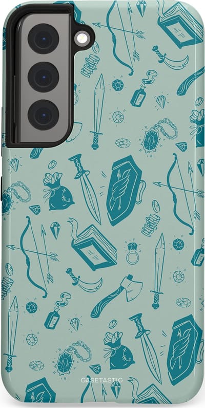 Casetastic Hoesje Geschikt voor Samsung S22 - Stijlvolle Beschermende Duo-layer Case - Avontuurlijke buit vol wapens