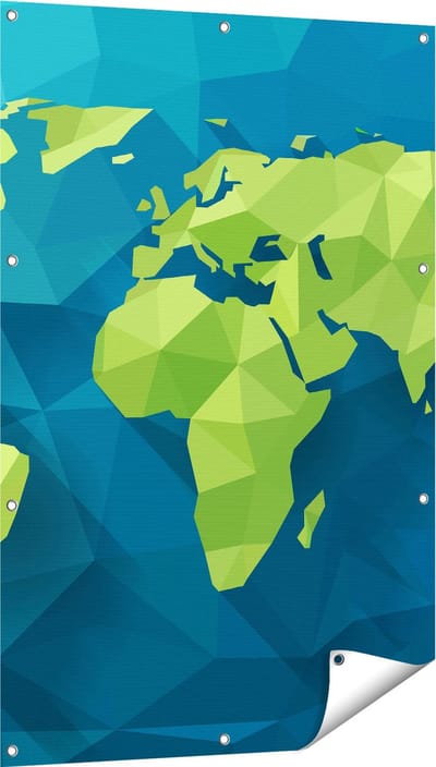 Gards Tuinposter Hoekige Origami Wereldkaart - Abstract - 80x120 cm - Tuindoek - Tuindecoratie - Wanddecoratie buiten - Tuinschilderij
