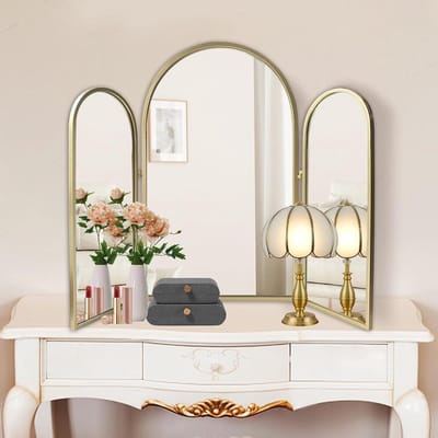 Driebladige Make-up Spiegel - Verstelbare Wandspiegel - Make-up Aanbrengen - Boogontwerp - 76 x 94 cm - Champagne Goud
