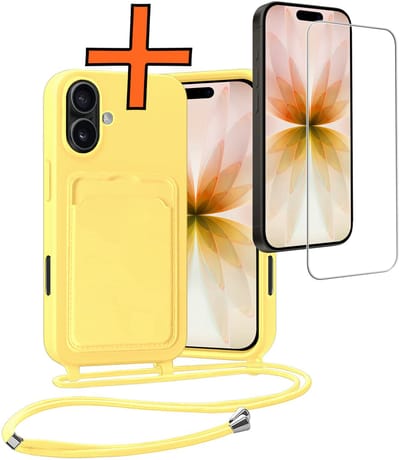 Hoesje Geschikt voor iPhone 17 Hoesje Met Telefoonketting Pasjeshouder Case Met Screenprotector Koord - Hoesje Geschikt voor iPhone 17 Hoes Met Kaarthouder - Geel