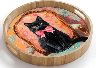 Dienblad rond 40x40 cm - Schootdienblad hout - Kat - Roze - Stoel met bloemenmotief - Borrelplank rechthoek - Plateau houten dienbladen