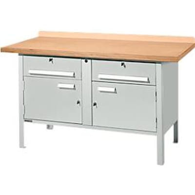 Schäfer Shop Select PWi 150-0 werkbank met kasten, beuken multiplexplaat, tot 750 kg, B 1500 x D 700 x H 840 mm, lichtgrijs