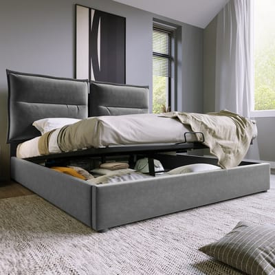 MODFU Bedframe 140x200 cm – Grijs velvet met verstelbaar hoofdbord & hydraulisch