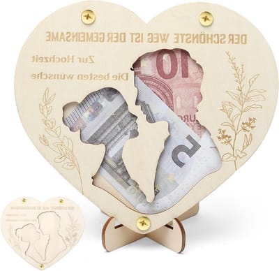 Geldcadeau voor bruiloft, huwelijkscadeau voor bruidspaar, gepersonaliseerd houten hart, unieke geldgeschenkverpakking met de beste wensen