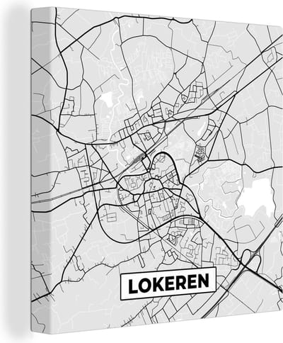 Canvas Schilderij België – Lokeren – Stadskaart – Kaart – Zwart Wit – Plattegrond - 20x20 cm - Wanddecoratie