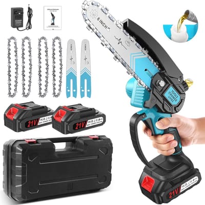 Draadloze mini-kettingzaag 6 inch met semi-automatisch smeersysteem en 4 kettingen - ideaal voor tuinonderhoud en houtbewerking