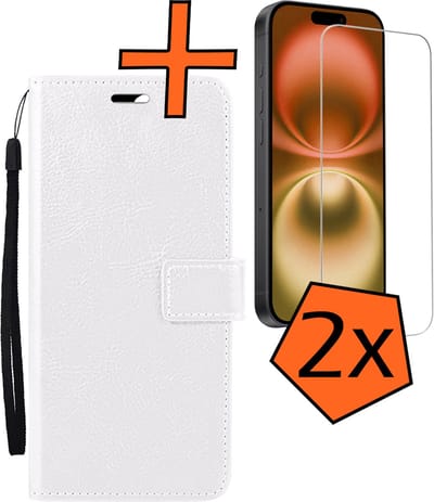 Hoes - Met 2x Screenprotector - Geschikt voor Apple iPhone 16 - Luxe Pasjeshouder - Bookcase Portemonee - Flip Case - Kunstleer Book Case - Flipcase Hoes - Book Cover - Walletcase - PortemonneeHoes - Wit
