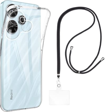 Set met hoesje en nekband voor xiaomi redmi 13 4g / redmi 13 5/g - Flexibele, transparante TPU-bescherming, verstelbare universele nekband voor mobiele telefoons, zwarte nekband, transparante draagriem van Phonillico®