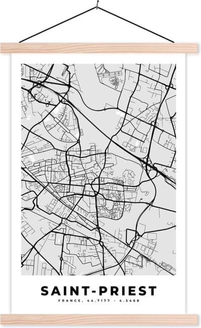 Posterhanger incl. Poster 40x60 cm - Schoolplaat - Frankrijk – Saint-Priest – Stadskaart – Plattegrond – Kaart - Textielposter - Blanke latten - Stadskaart