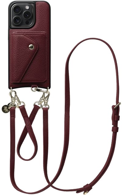 AVY Leren Hoesje geschikt voor Apple iPhone 14 Pro Max | Met Koord en Magnetische Kaarthouder | Compatibel met MagSafe | Leather Case met 30CM & 130CM Koord & Wallet | Leather Set | Burgundy