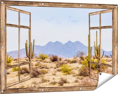 Gards Tuinposter Doorkijk Cactussen in de Woestijn - 120x80 cm - Tuindoek - Tuindecoratie - Wanddecoratie buiten - Tuinschilderij