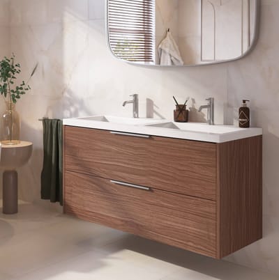 Saqu Lima badmeubel incl. dubbele glans witte wastafel 120x51x64cm noten urban – chromen greep