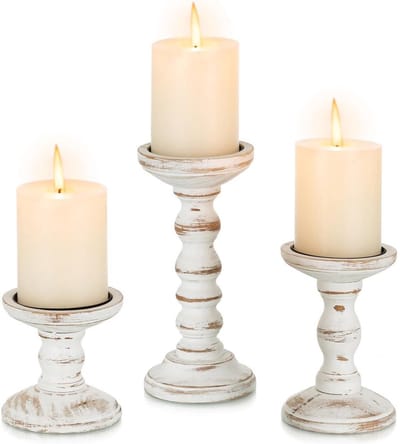 GELLDG Rustieke houten kaarsenhouder-set — 3-delige set — Retro decoratie — Ontworpen voor stompkaarsen — Decoratie voor woonkamer & eettafel — Tafelaccent in vintagestijl — Grote kaarsenstandaards voor op de vensterbank
