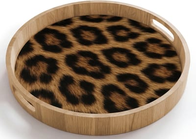 Dienblad rond 40x40 cm - Schootdienblad hout - Pantervacht - Realistisch - Bruin - Borrelplank rechthoek - Plateau houten dienbladen