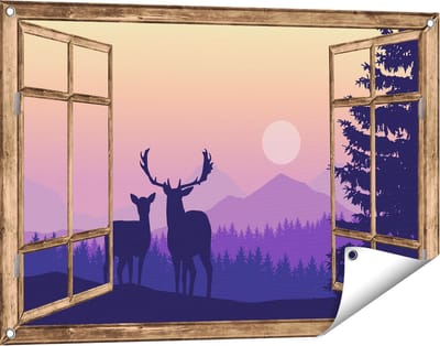 Gards Tuinposter Doorkijk Twee Herten - Zonsondergang - Silhouet - 90x60 cm - Tuindoek - Tuindecoratie - Wanddecoratie buiten - Tuinschilderij