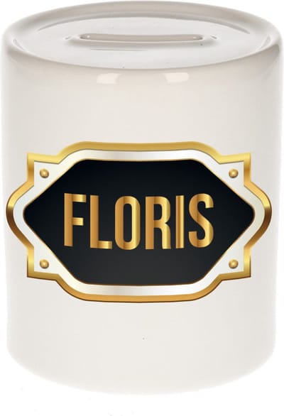 Spaarpot met voornaam Floris - wit - met goud/zwart embleem - 8 x 9 cm - keramiek - met afsluitdop - cadeau verjaardag