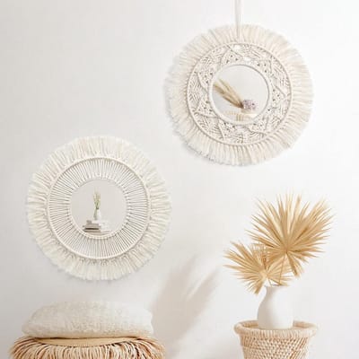 Ronde Macramé Wandspiegel met Geweven Fringes en Bladeren, Boho Decoratie voor Woonkamer, Slaapkamer en Appartement, Set van 2