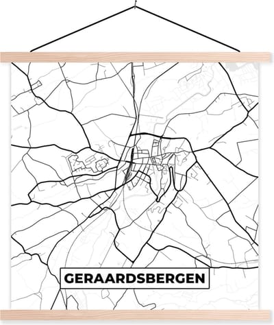Posterhanger incl. Poster 40x40 cm - Schoolplaat - Zwart Wit – België – Plattegrond – Stadskaart – Kaart – Geraardsbergen - Textielposter - Blanke latten - Stadskaart